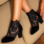 Lace-Embroidered Mesh Chunky-Heel Ankle Boots | Black & White EU 35–43