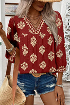 Green Damask Floral Print Contrast V Neck 3/4 Sleeve Blouse