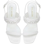 Palscou Womens Size 8.5 White Pearl 3.5" Chunky Heel Open Square Toe Shoes