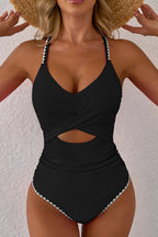 Black Ric Rac Trim Cutout One Piece Swimsuit