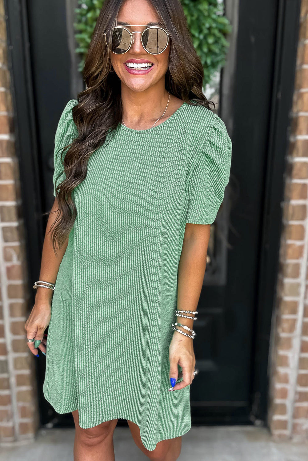 Bright Pink Corded Crew Neck Puff Sleeve Mini Dress