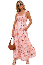 Pink Floral V Neck Smocked High Waist Ruffle Hem Long Dress