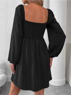 Ruched Square Neck Long Sleeve A-Line Dress