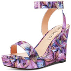 Aachcol Womens Size 9 Purple 4" Wedge Heel Open Round Toe Ankle Strap Shoes