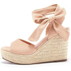 Fashare Womens Size 8 Beige 4" Wedge Heel Open Toe Ankle Tie Lace Up Shoes