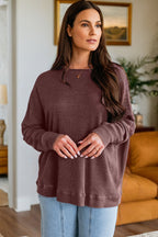 Dark Grey Waffle Knit Patchwork Long Sleeve Loose Top