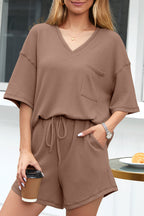 Rose Red Solid Color Waffled V Neck Loose Tee Drawstring Shorts Set