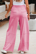 Smoke Gray Mineral Wash Exposed Seam Drawstring Elastic Waistband Wide Leg Cargo Pants