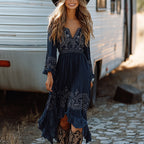 Denim Ethnic-Style Floral Print Lace-Up Vintage Dress