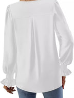 V-Neck Long Sleeve Ruffle Cuff Blouse