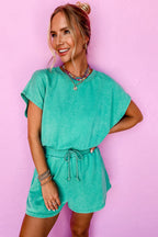 Bonbon Drawstring Waist Backless Short Sleeve Romper