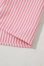 Pink Striped V Neck Puff Sleeve Blouse