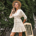 Women's V-Neck A-Line Dress – Three-Quarter Sleeve Button Contrast Panel