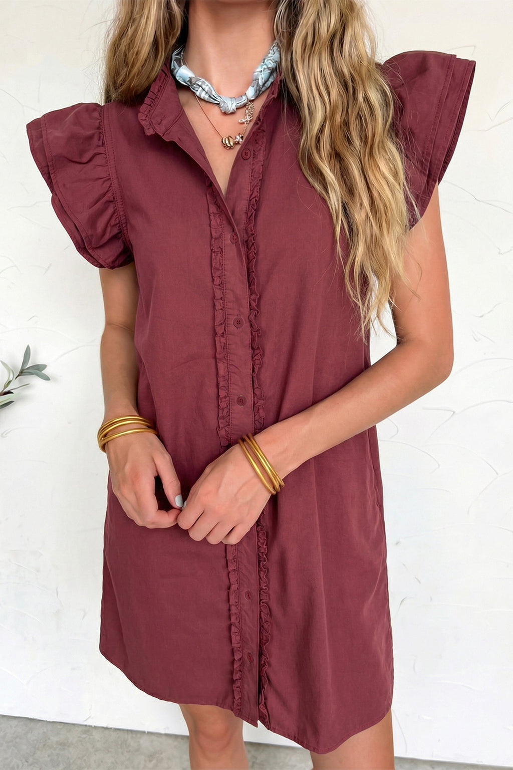 Myosotis Frilled Detail Button Down Ruffle Short Sleeve Denim Mini Dress