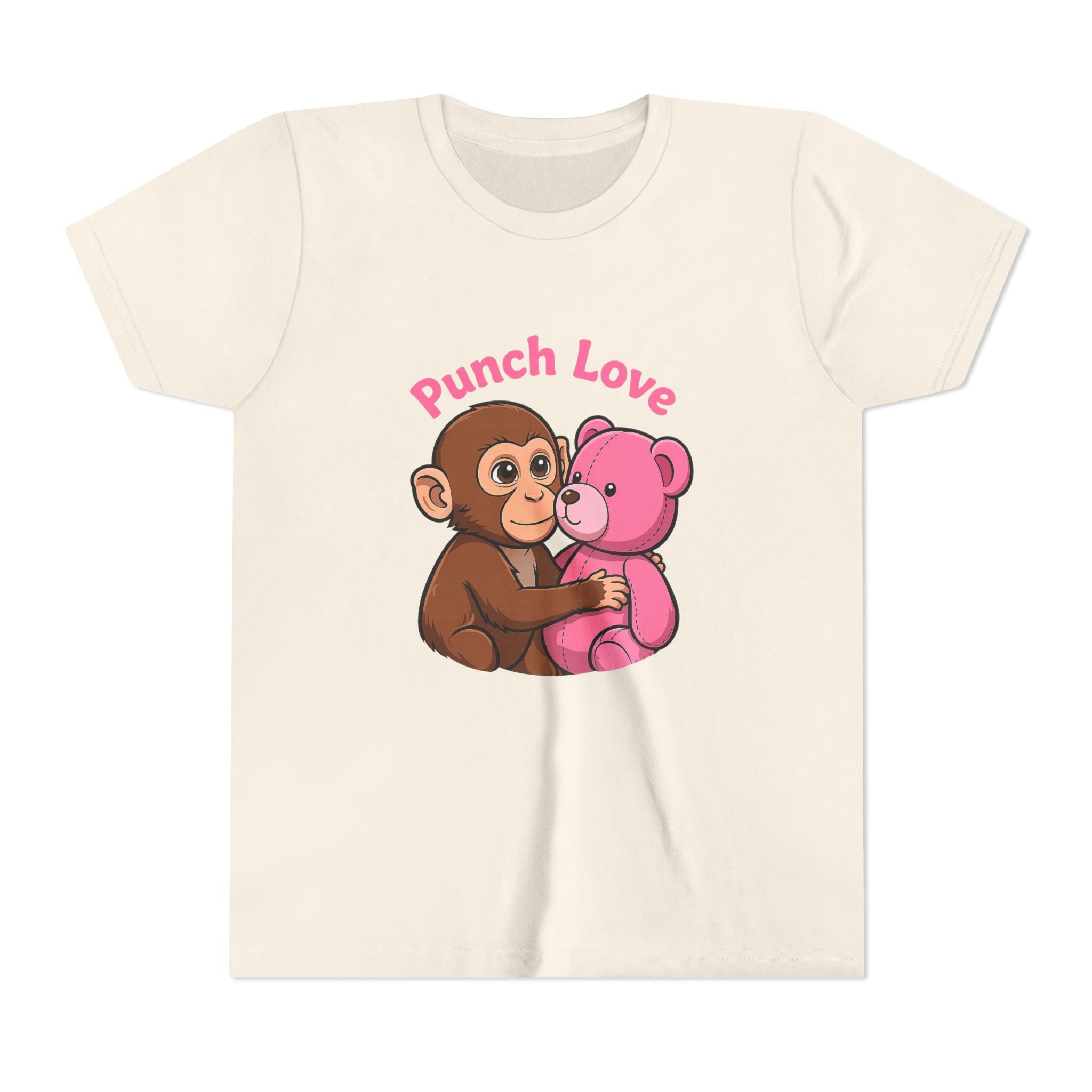 Youth Tee — "Punch Love" Monkey Hugging Pink Teddy Cute Kids Valentine Shirt