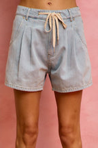 SO ME Mid Rise Denim Shorts With Cotton Tape Drawstring