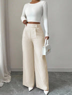 Women's High-Waist Straight-Leg Pants – Solid Color Button Detail Full Length