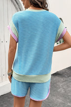 Beau Blue Colorblock Cap Sleeve Top and Shorts Set