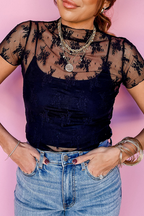 Black Floral Short Sleeve Sheer Mesh Blouse