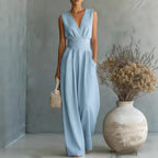 Women's Elegant V-Neck Sleeveless Jumpsuit – Waist-Cinching Straight Leg