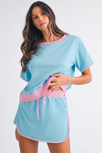 Black Colorblock Edge Drop Shoulder T Shirt and Skort 2Pcs Set