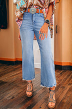 Beau Blue Mineral Wash Raw Hem High Waist Flared Jeans
