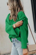Parchment Solid Textured Knit Split Cuff Drop Shoulder Loose Sweater