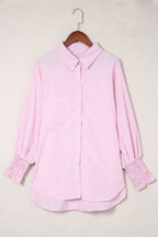 Blue Stripe Striped Casual Shirred Cuffs Shirt