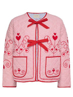 Embroidered Tied Striped Round Neck Coat