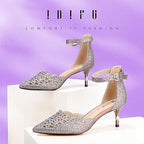 Idifu Womens 9 Rhinestone Glitter 2.5" Pearl Heel Closed Toe Ankle Strap Shoes