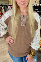 Dark Khaki Twisted Ribbed Leopard Lace Contrast Patchwork Long Sleeve Top