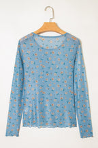 Sky Blue Vintage Floral Print Southern Style Mesh Long Sleeve Top