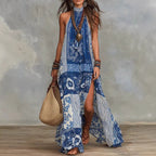 Women's Printed Halterneck Split Maxi Dress – Loose Fit Sleeveless