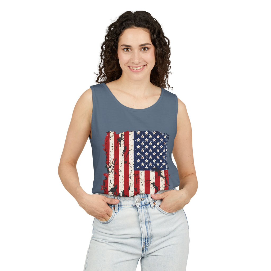 Distressed American Flag Tank Top  Patriotic USA Sleeveless Shirt for 4th of July Summer and Everyday Wear