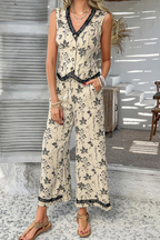 Apricot Floral Print Button Sleeveless Top and Pants Set