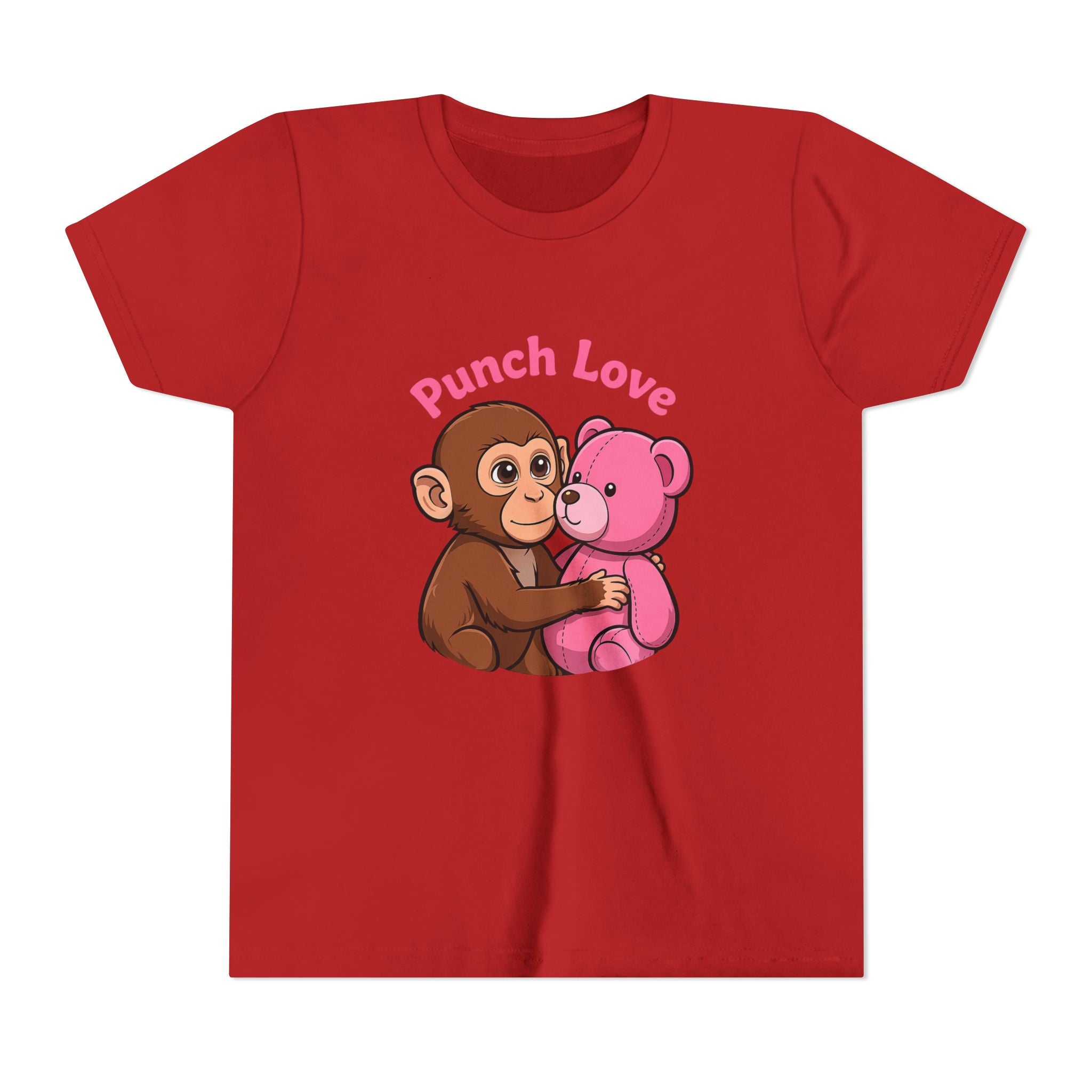 Youth Tee — "Punch Love" Monkey Hugging Pink Teddy Cute Kids Valentine Shirt