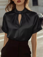 Keyhole Neck Satin Short Sleeve Blouse