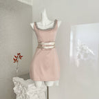 Blush Tone Sleeveless Rhinestone Collar Bow Waist Bridesmaid Cocktail Dress