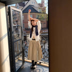 Relaxed A-Line Crushed Pleat Cotton Midi Skirt with Belt