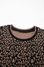 Black Leopard Print Puffy Bracelet Sleeve Contrast Trim Round Neck Top
