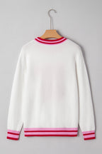 White Striped Trim Bow Graphic Round Neck Drop Shoulder Sweater