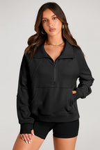 Smoke Green Quarter Zip Stand Neck Kangaroo Pocket Sweatshirt