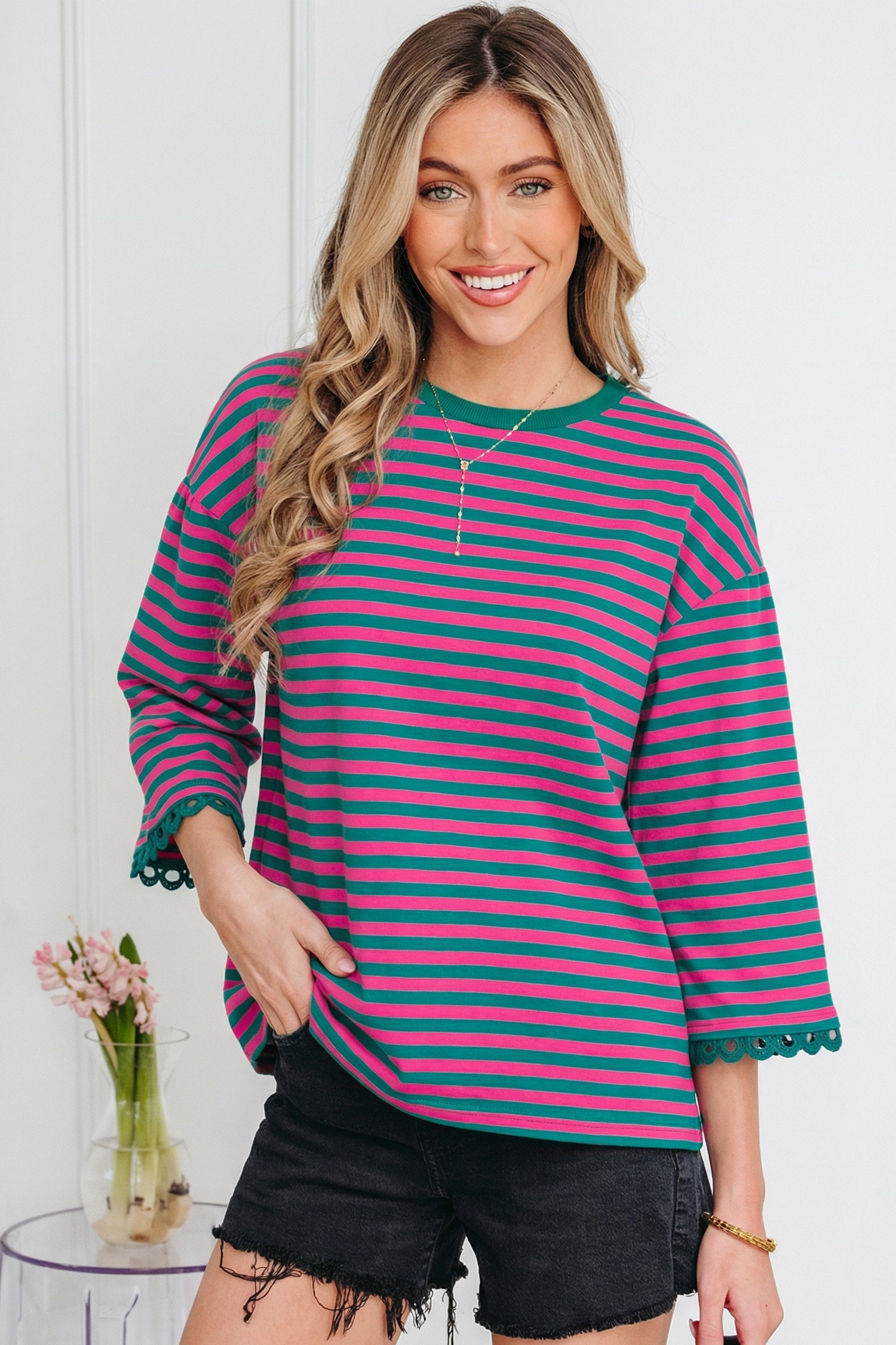 Sachet Pink Striped Print Drop Shoulder Lace Trim Bracelet Sleeve Loose Top