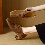 Women's Retro Sheepskin Square Toe Chunky Heel Pumps – Lace-Up Mid Heel