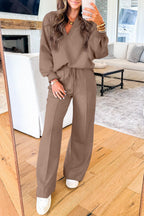 Dark Khaki Polo Collar V Neck Pullover and Drawstring Sweatpants Set
