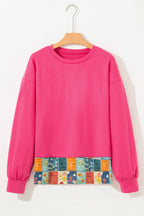 Strawberry Pink Floral Hemline Patchwork Round Neck Casual Top