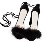Richealnana Womens 5.5 Black Faux Suede Artificial Fur Feather 4.5" Heel Shoes
