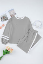 Mineral Red Varsity Stripe Patchwork Puff Sleeve Pullover Drawstring Wide Leg Pant Set
