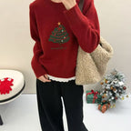 Womens Christmas Tree-Print Thermal Lace-Patchwork Sweater Preppy-Style Pullover Sweater