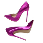 Pink Metallic Leather Woman High Heel Shoes Pointed Toe Shallow Stiletto High Heels Pumps Slip-on Polished Leather Runway Shoes
